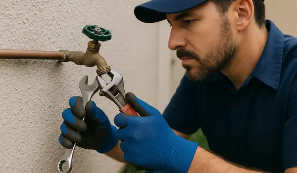 A male plumber fixing an outdoor faucet from Plumber Pflugerville in Pflugerville, TX - Emergency Plumbing Services