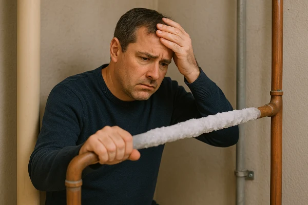 A wooried plumber looking at a frozen pipe from Plumber Pflugerville in Pflugerville, TX - Emergency Plumbing Services