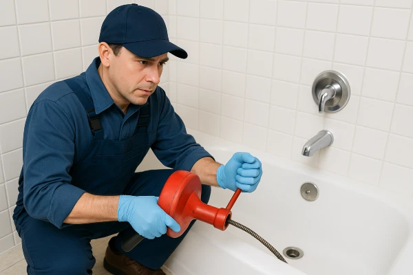 A plumber running a snake to clear a bathtub drain from Plumber Pflugerville in Pflugerville, TX - Emergency Plumbing Services