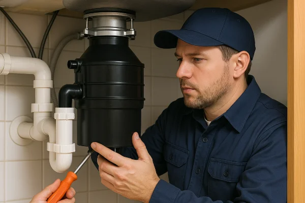 A technician working on a garbage disposal from Plumber Pflugerville in Georgetown, TX - Georgetown TX A technician working on a garbage disposal from Plumber Pflugerville in Georgetown, TX - Georgetown TX