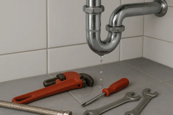 A sink water leak and plumbing tools on the floor from Plumber Pflugerville in Georgetown, TX - Georgetown TX A sink water leak and plumbing tools on the floor from Plumber Pflugerville in Georgetown, TX - Georgetown TX