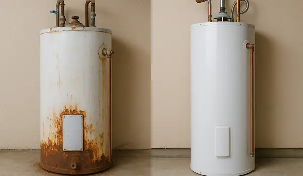 One rusted water heater next to a brand new water heater from Plumber Pflugerville in Pflugerville, TX - Slab Leak Detection