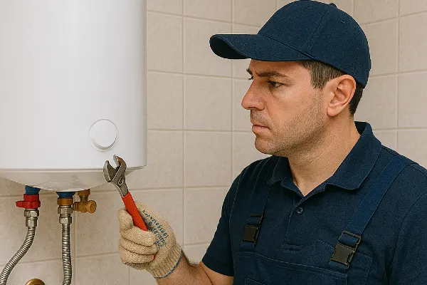 A male plumber working on a water heater hanging from the wall from Plumber Pflugerville in Pflugerville, TX - Slab Leak Detection