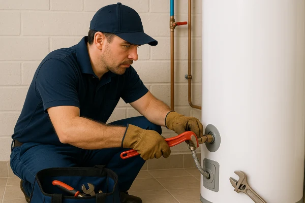A male plumber working on a water heater connection from Plumber Pflugerville in Pflugerville, TX - Slab Leak Detection