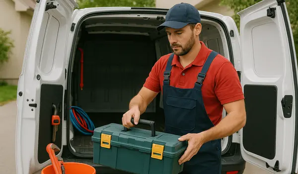 A plumbing technician putting his tool box back in his van from Plumber Pflugerville in Pflugerville, TX - Toilet Replacement Services