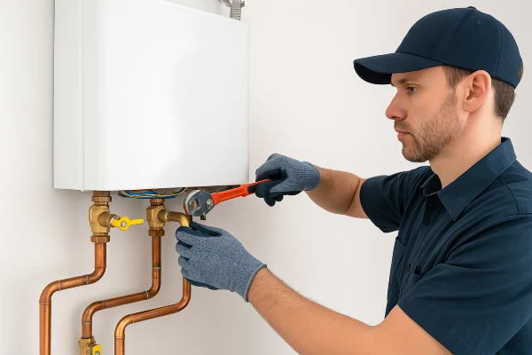 A plumber working on a tankless water heater from Plumber Pflugerville in Pflugerville, TX - Toilet Replacement Services