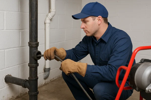 A plumber using a snake to clear a plumbing pipe from Plumber Pflugerville in Pflugerville, TX - Toilet Replacement Services